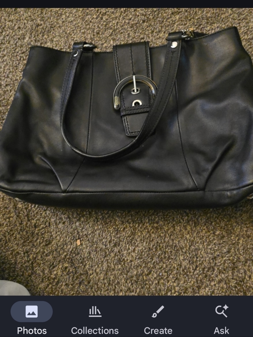 Classic Black Leather Coach Soho Tote Bag with Buckle Accent